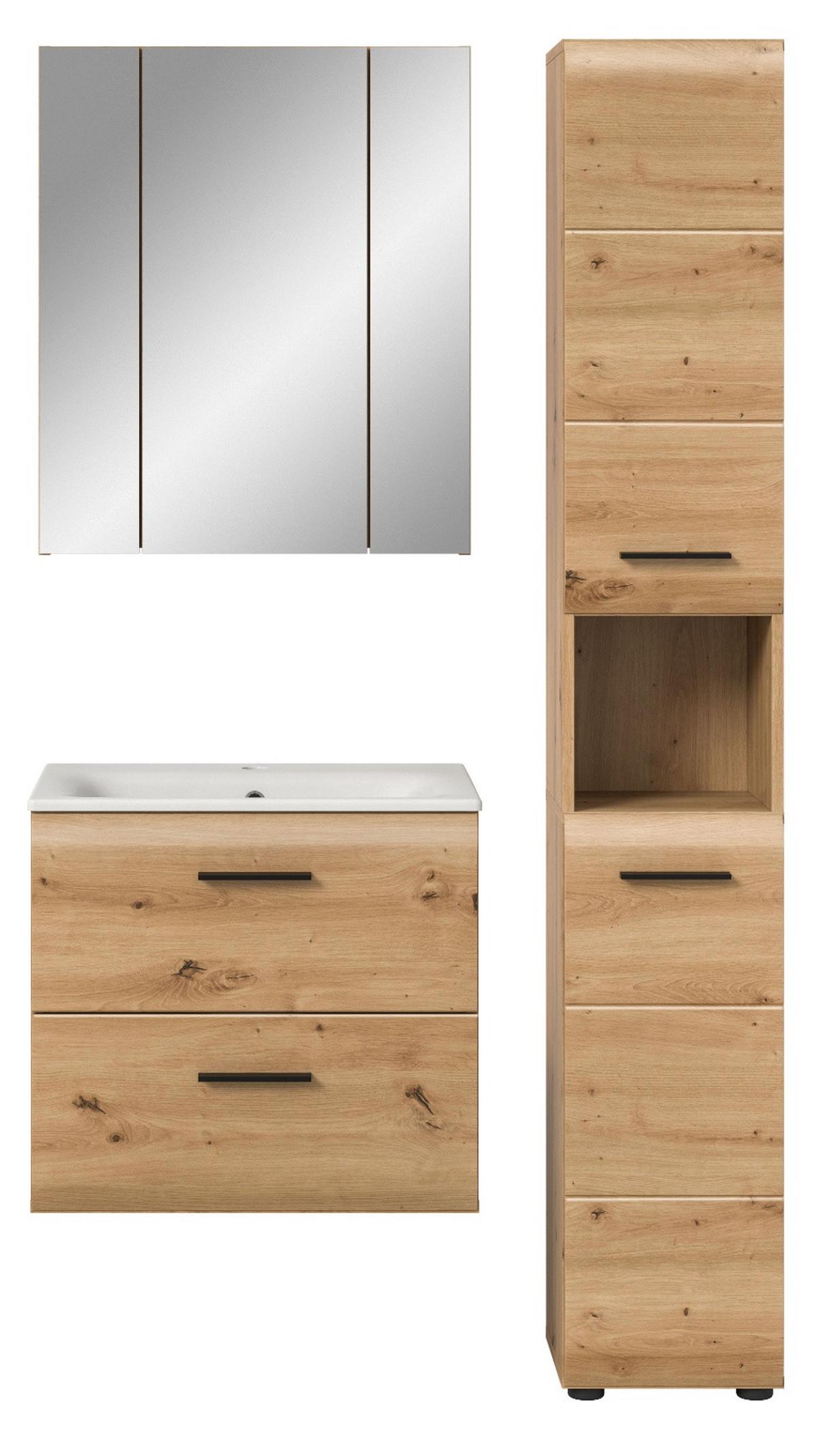 BADMÖBEL SET 3-teilig in Eiche Artisan, Bad Komplett-Set inkl. Waschbecken 105 x 185 cm - Schwarz/Eiche Artisan, Glas/Keramik (105/185/30cm) - Inn.Furn