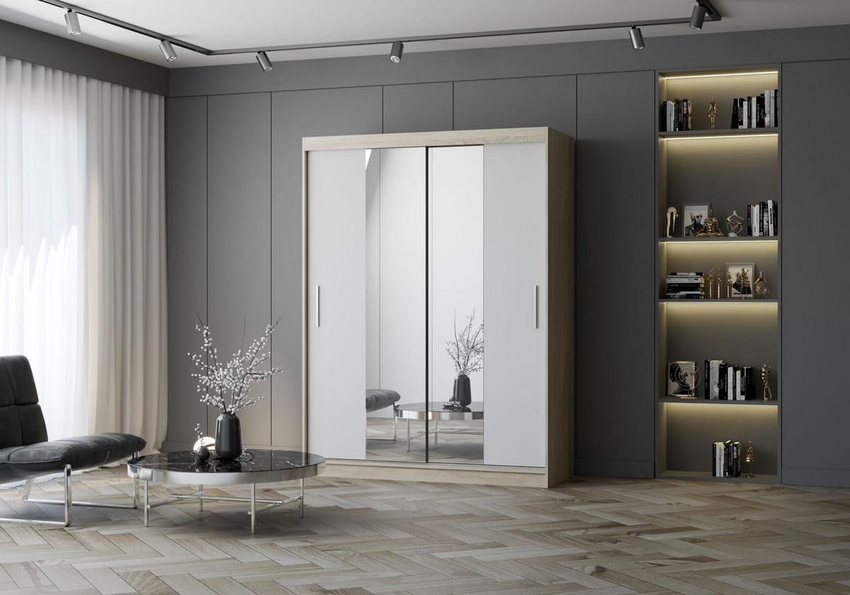 SCHWEBETÜRENSCHRANK Vista 01 Sonoma Eiche/Weiß mit Spiegel, ohne LED Beleuchtung 150cm - Alufarben/Weiß, Glas/Holzwerkstoff (150/200/61cm) - imoebel24