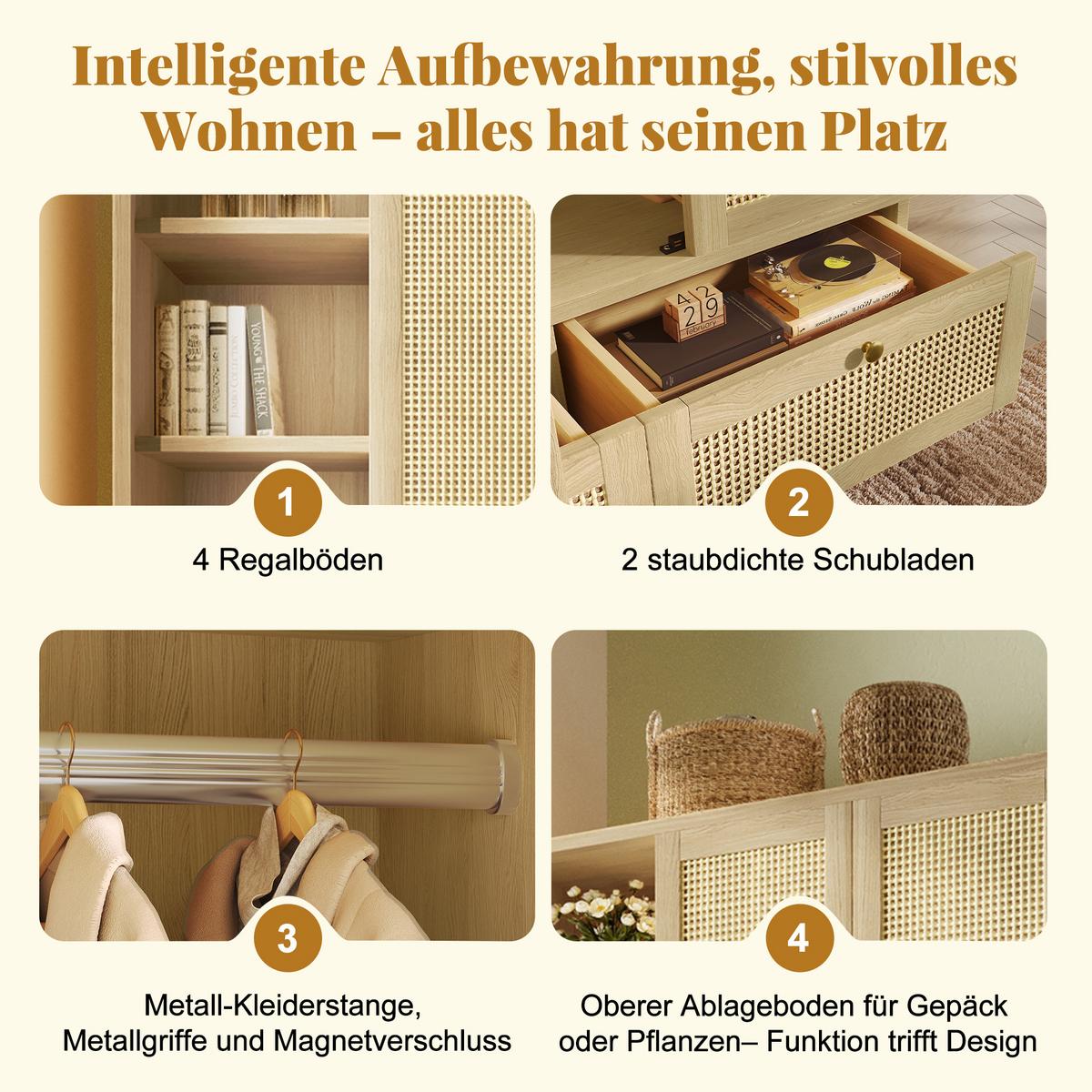 KLEIDERSCHRANK in eichenoptik mit rattan, offene regale, 2 schubladen und kleiderstange - Eichefarben, Holz (120/180/50cm) - Urban Meuble