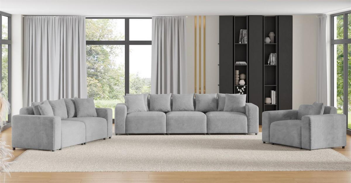 SOFASET Megan 3-2-1 In Poso - Hellgrau, Holzwerkstoff/Textil (327/75/98cm) - Fun Möbel