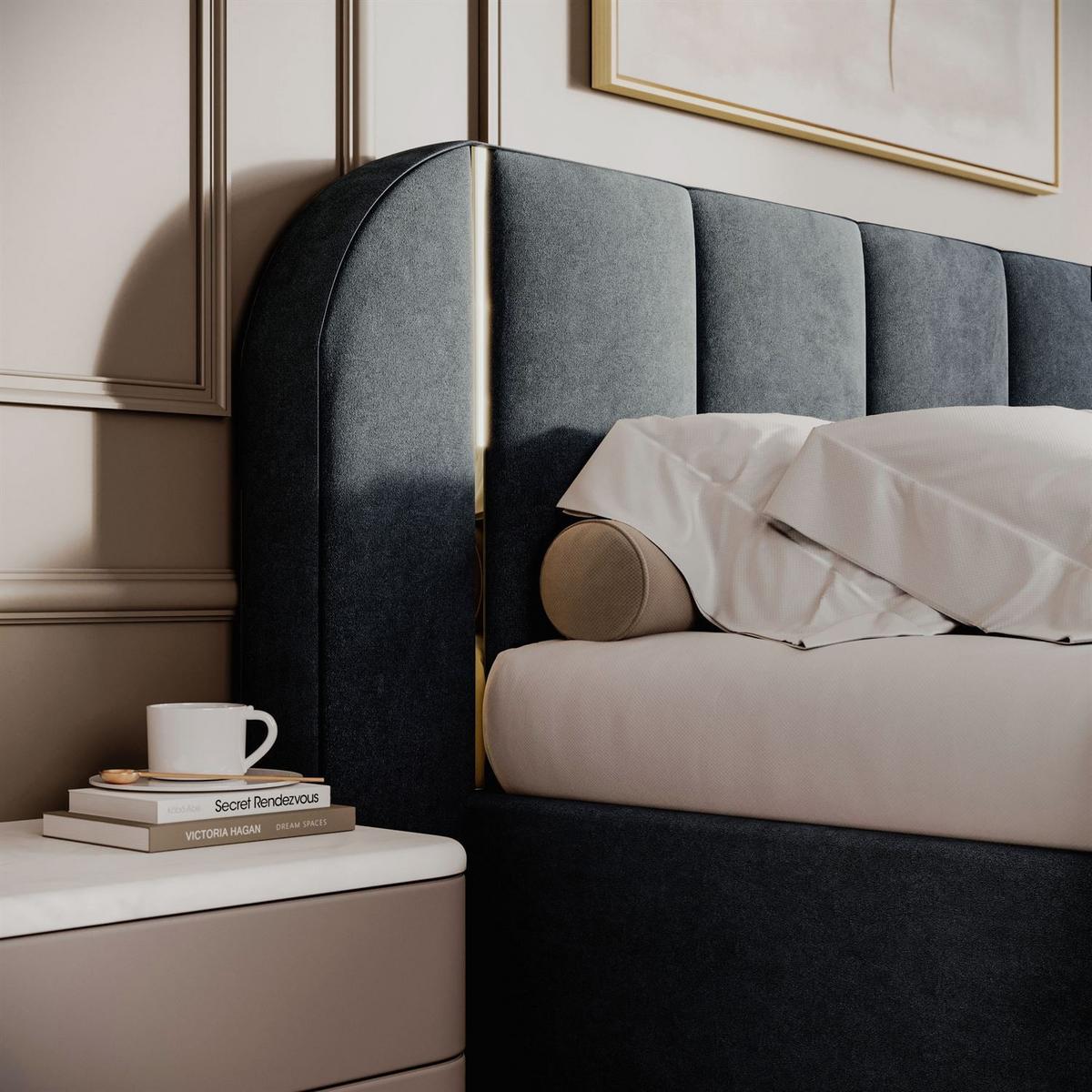 BETT AMARA GOLD 180x200 gepolstert mit Stauraum und Lattenrost, Royal Velvet 233 - Blau, Textil (180/200cm) - Lookway