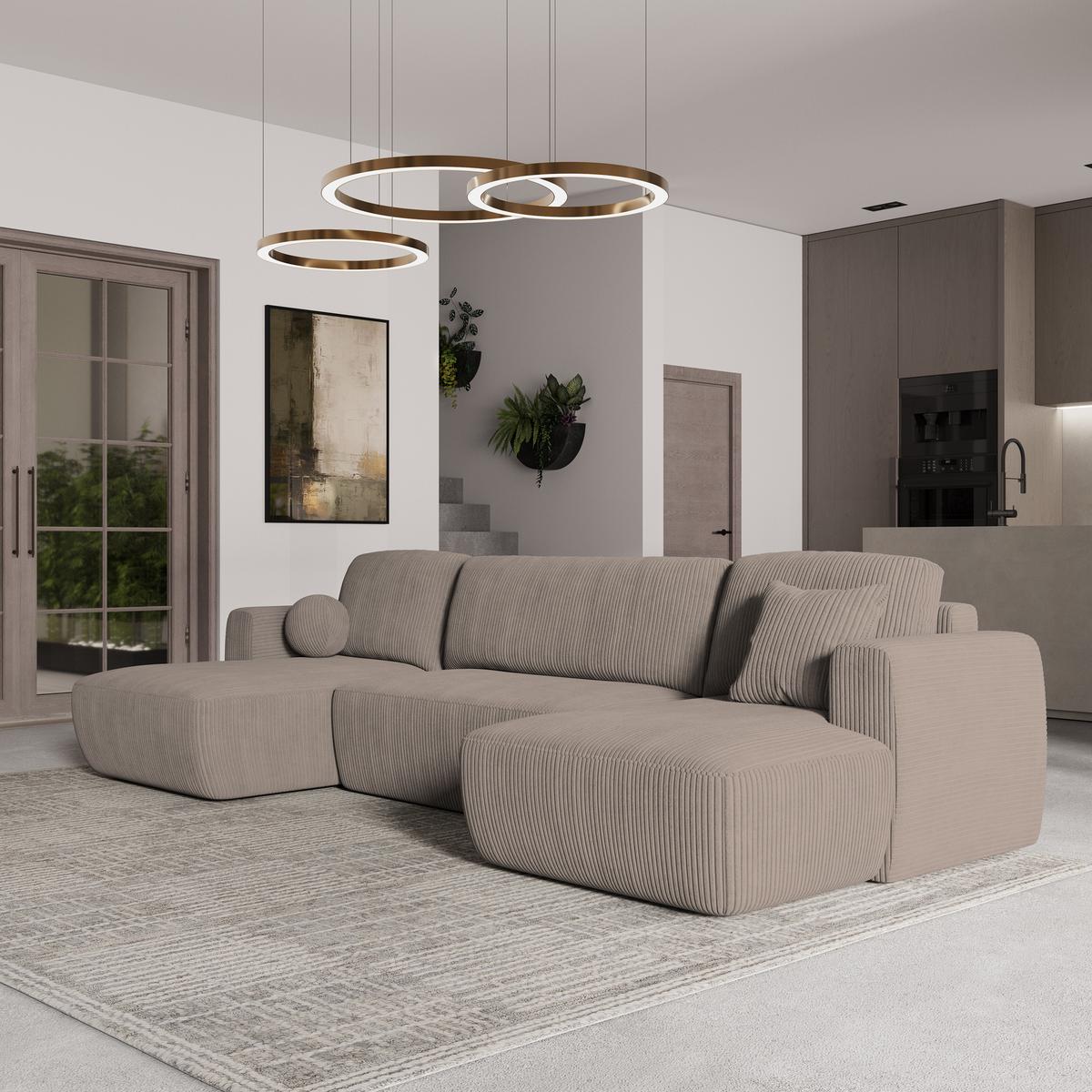 WOHNLANDSCHAFT SENTUM P Beige Kordstoff mit Schlaffunktion - Beige/Schwarz, Holz/Kunststoff (330/90/148cm) - MASSENO
