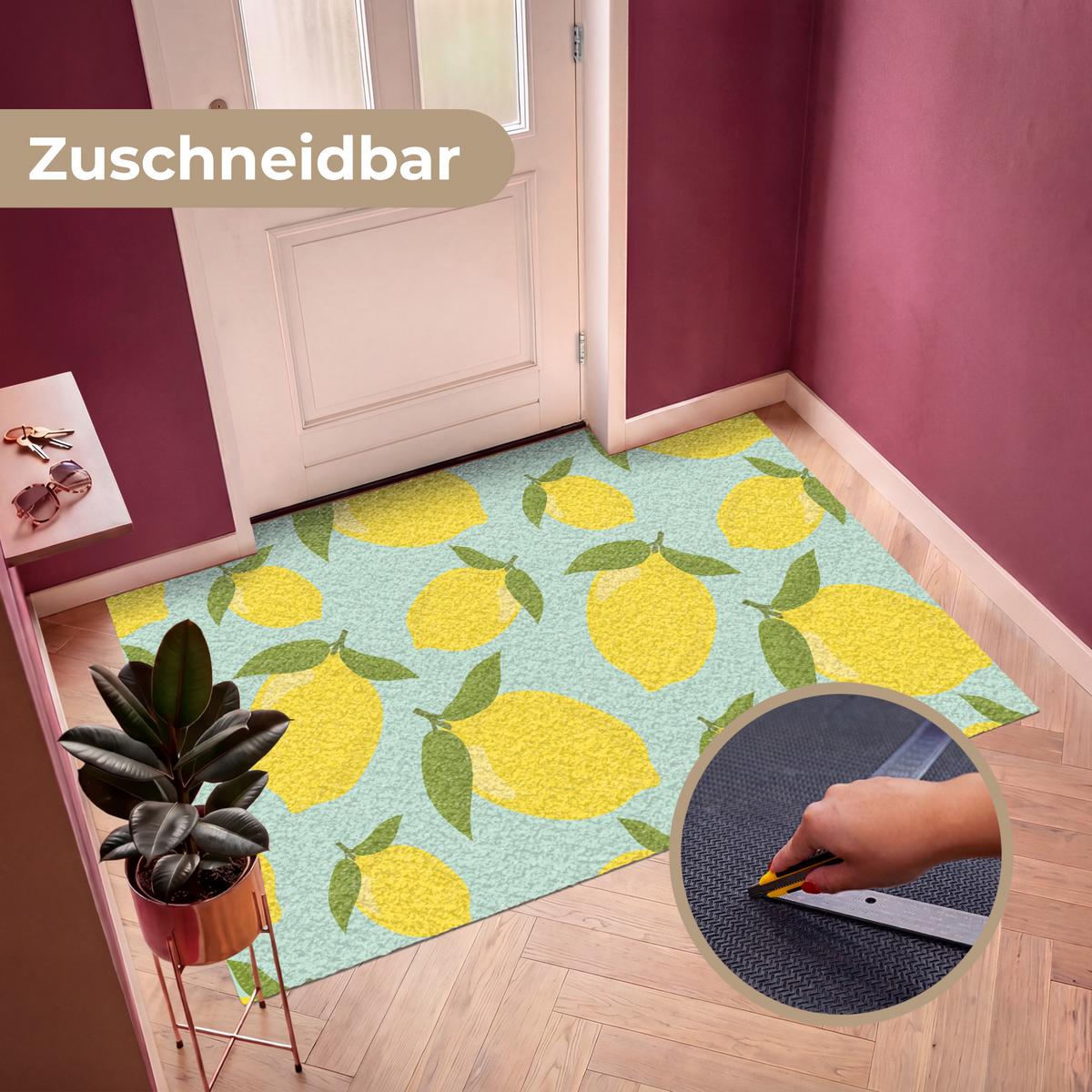 FUSSMATTE Muster Zitronen - Gelb - Blau - Muster - Früchte Flurteppich 180x120 cm - Gelb, Kunststoff (180/0.4cm) - MuchoWow