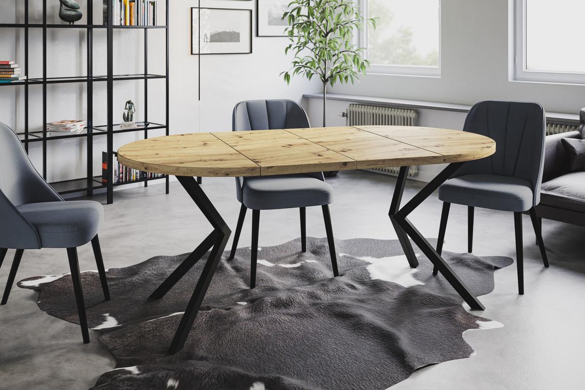RUNDER Esszimmertisch LOFT LITEN, ausziehbarer Tisch Durchmesser: 120 cm/200 cm, Wohnzimmertisch Farbe: Mattbraun, mit Metallbeinen in Farbe Schwarz - Hellbraun/Schwarz, Holzwerkstoff (120/120/76cm) - Alpi-Möbel