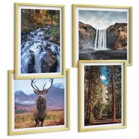 BILDER SET 4er Set - 50x50 cm & 40x60 cm Goldrahmen - Wasserfall Wald Berge Hirsch Natur - Goldfarben, Kunststoff (50/50cm) - TULUP