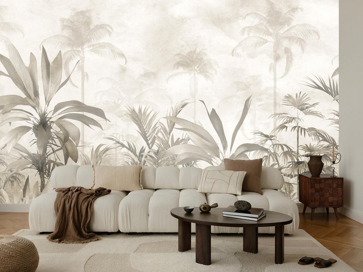 FOTOTAPETE für Wohnzimmer Vintage Tropischer Wald Palmen Blätter 450x315 - Beige/Grau, Papier (450/315cm) - Muralo