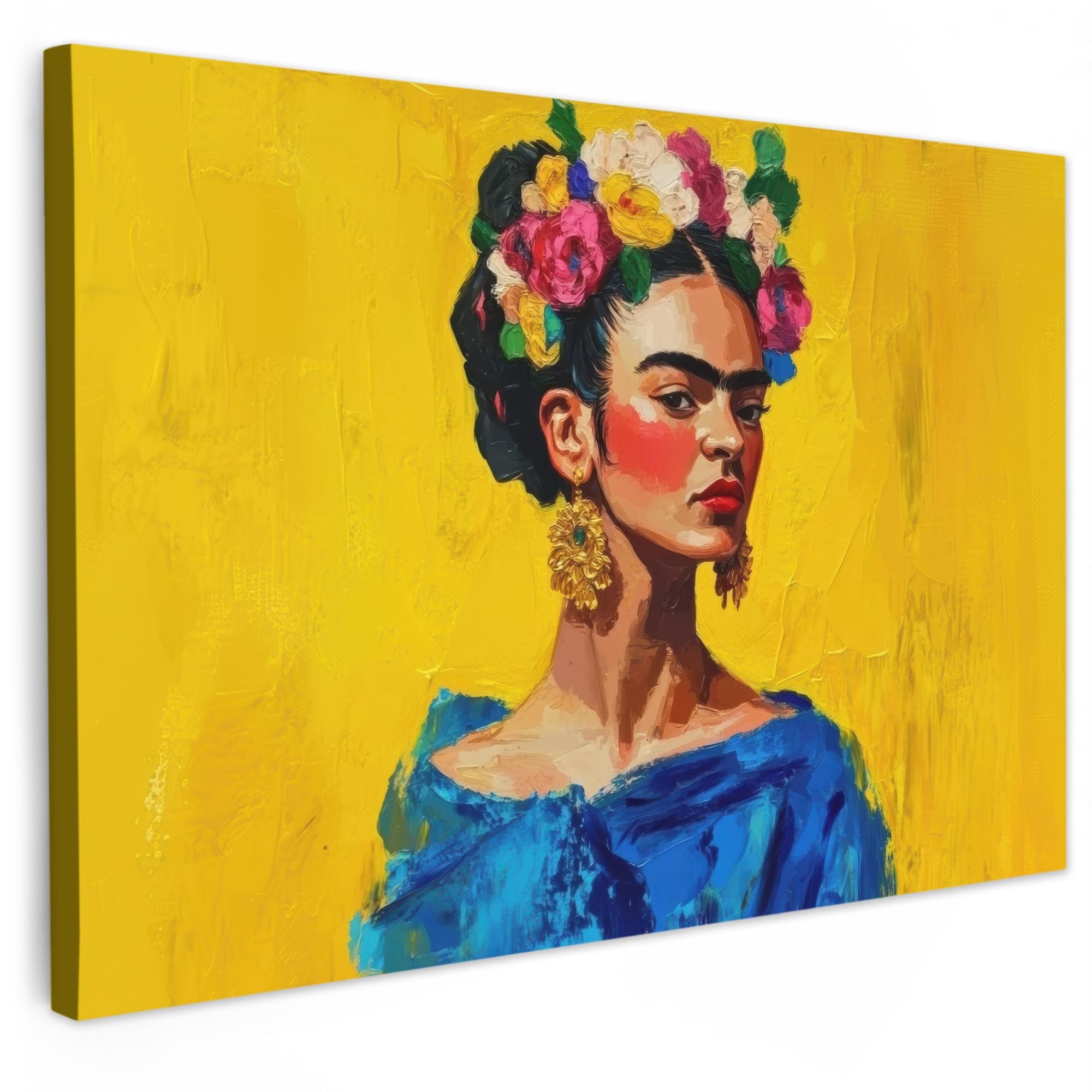 LEINWANDBILD Frida Kahlo - Frau - Gelb - Blau - Blumen Wanddeko 90x60 cm - Gelb, Textil (90/60cm) - MuchoWow