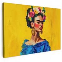 LEINWANDBILD Frida Kahlo - Frau - Gelb - Blau - Blumen Groß 140x90 cm - Gelb, Textil (140/90cm) - MuchoWow