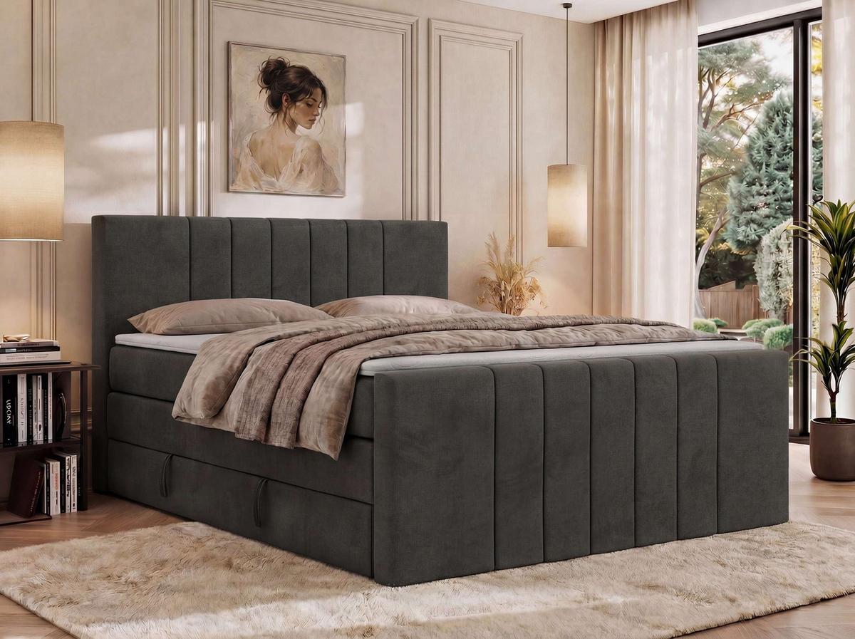 BOXSPRINGBETT INERO DUO KING 140/200 - Dunkelgrau Velvet - Topper Visco - H3 - Dunkelgrau/Schwarz, Kunststoff/Textil (140/200cm) - MKS