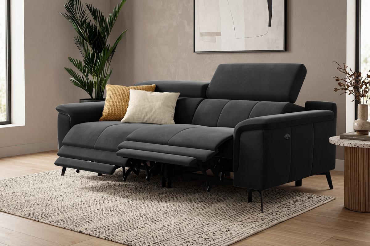 SOFA RELAX FIERO 3-Sitzer, Schwarzer Veloursstoff - Schwarz, Holz/Textil (212/82/103cm) - Courtois Laville
