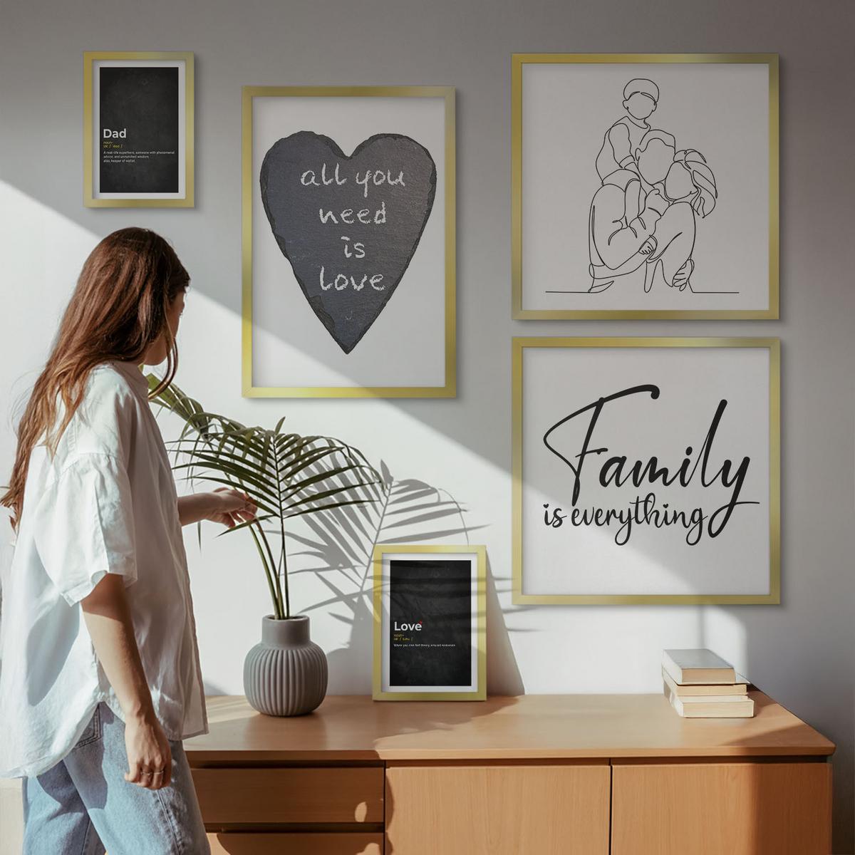 BILDER SET 5er Set - 50x50 cm & 20x30 cm & 40x60 cm Goldrahmen - Definitionen der Liebe in Familienzeichnungen - Goldfarben, Kunststoff (40/60cm) - TULUP