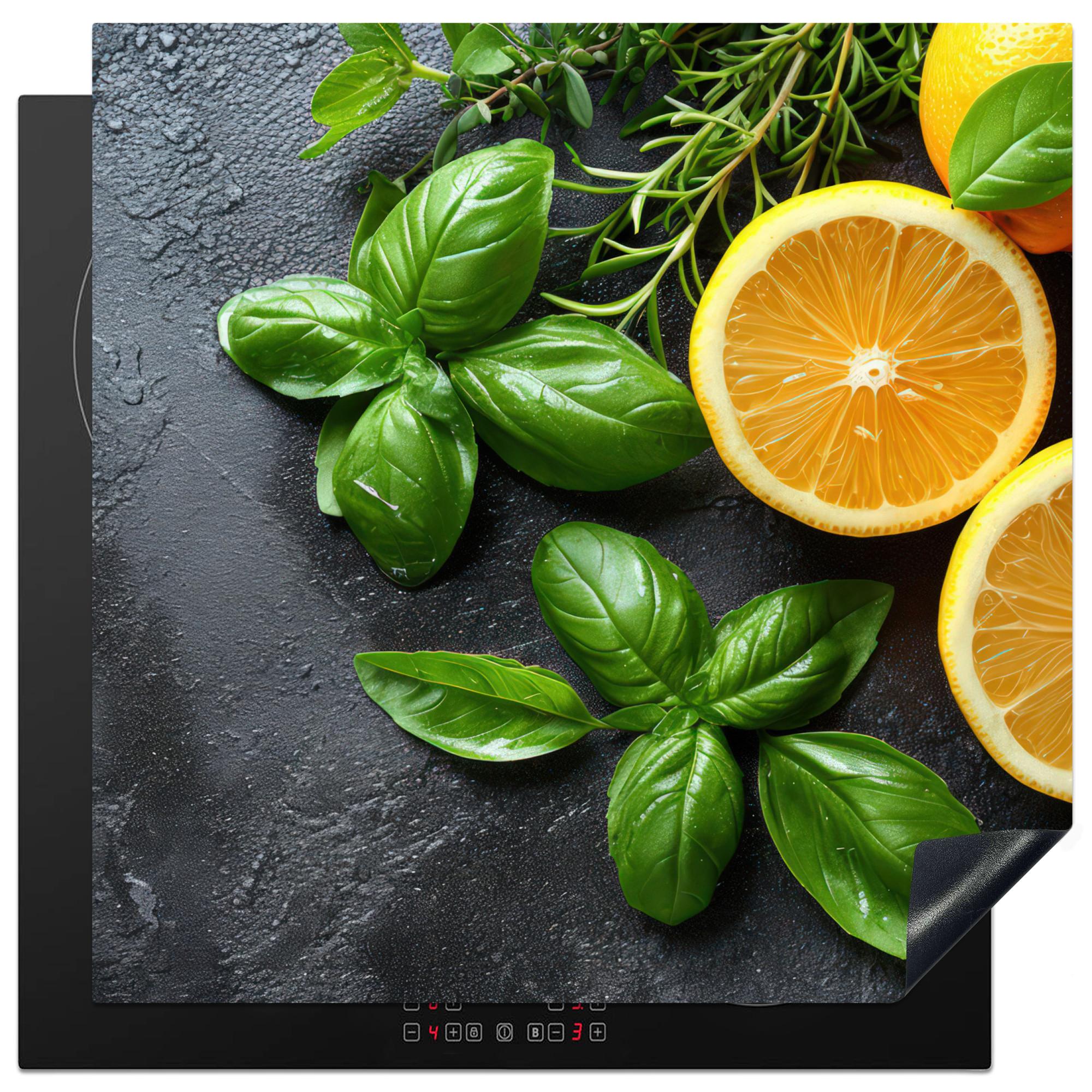HERDABDECKPLATTE Obst - Grau - Konkret - Orange - Pflanzen Induktionsmatte 78x78 cm - Anthrazit, Kunststoff (78/78/0.2cm) - MuchoWow