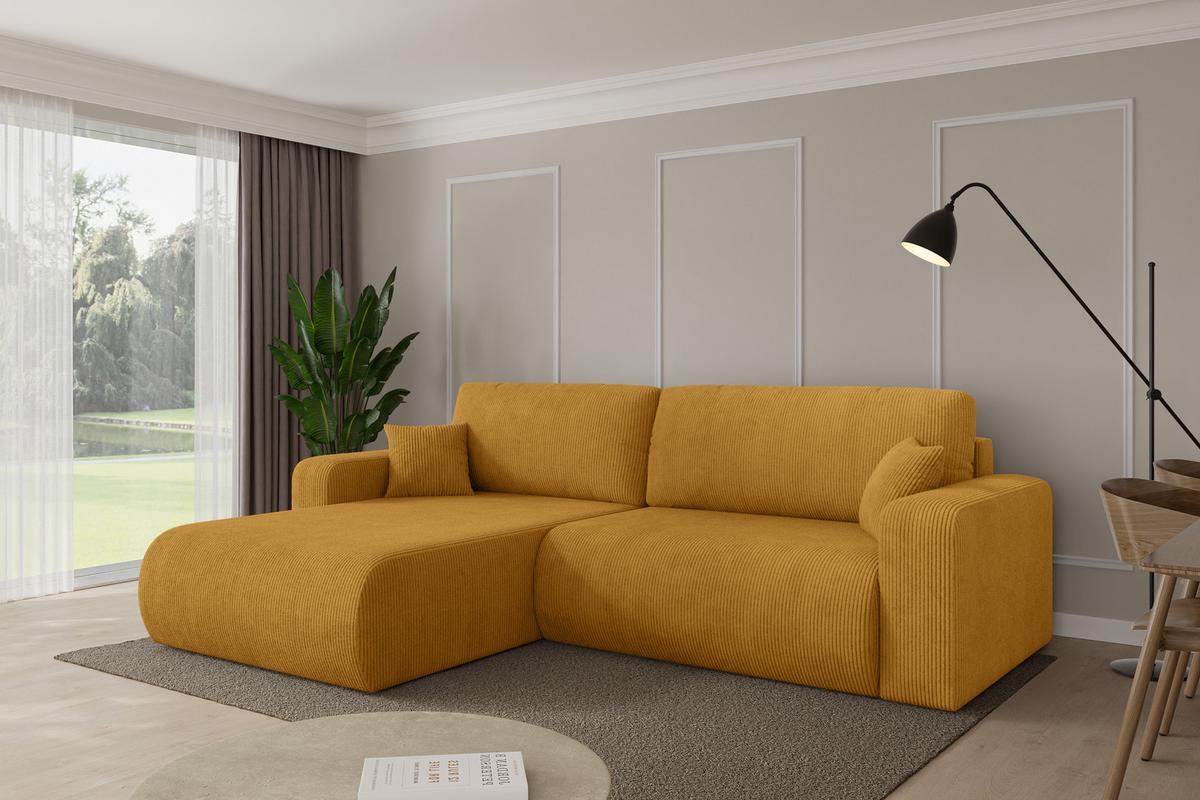 ECKSOFA mit Schlaffunktion Ottomane Links BERY-L 276x193x88 Senfgelb Cord - Dunkelgelb/Schwarz, Holzwerkstoff/Kunststoff (276/193cm) - ALTDECOR
