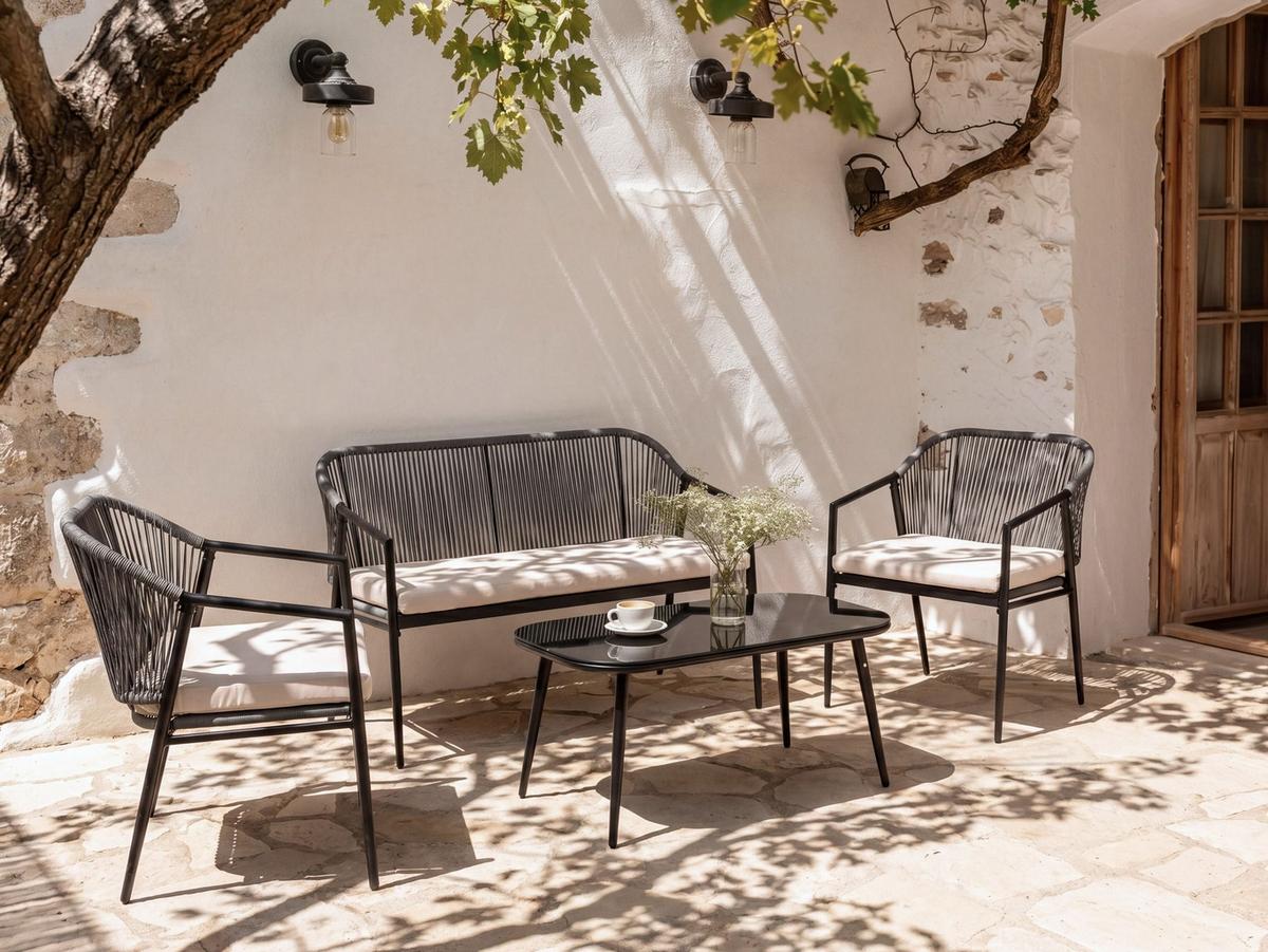 LOUNGE-SET mit Tisch 4-Sitzer Polyrattan Schwarz Flero - Dunkelgrau/Beige, Kunststoff - Beliani