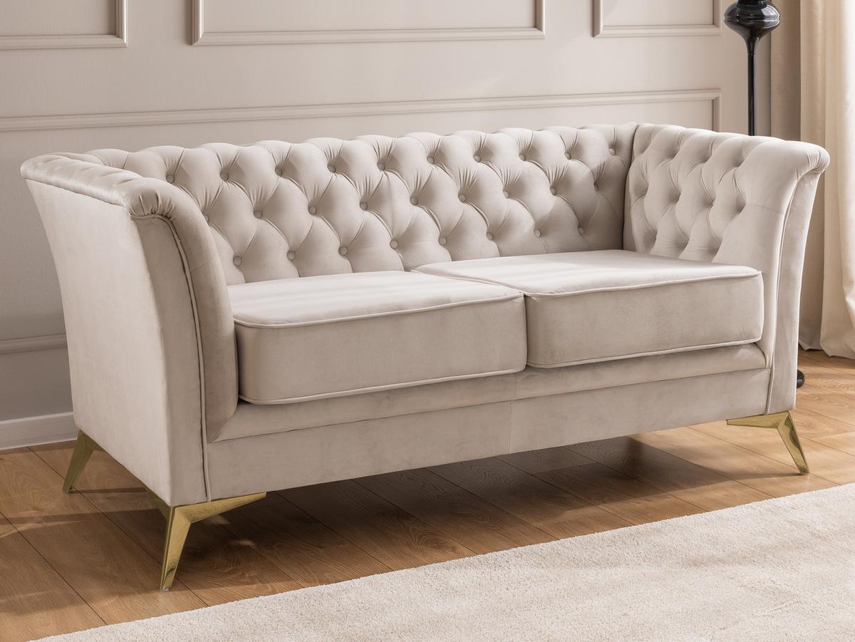 CHESTERFIELD-SOFA 2-sitzer Whitby Beige Samt mit goldenen Füßen - Beige/Goldfarben, Holz/Textil (175/78/82cm) - S-Style Möbel
