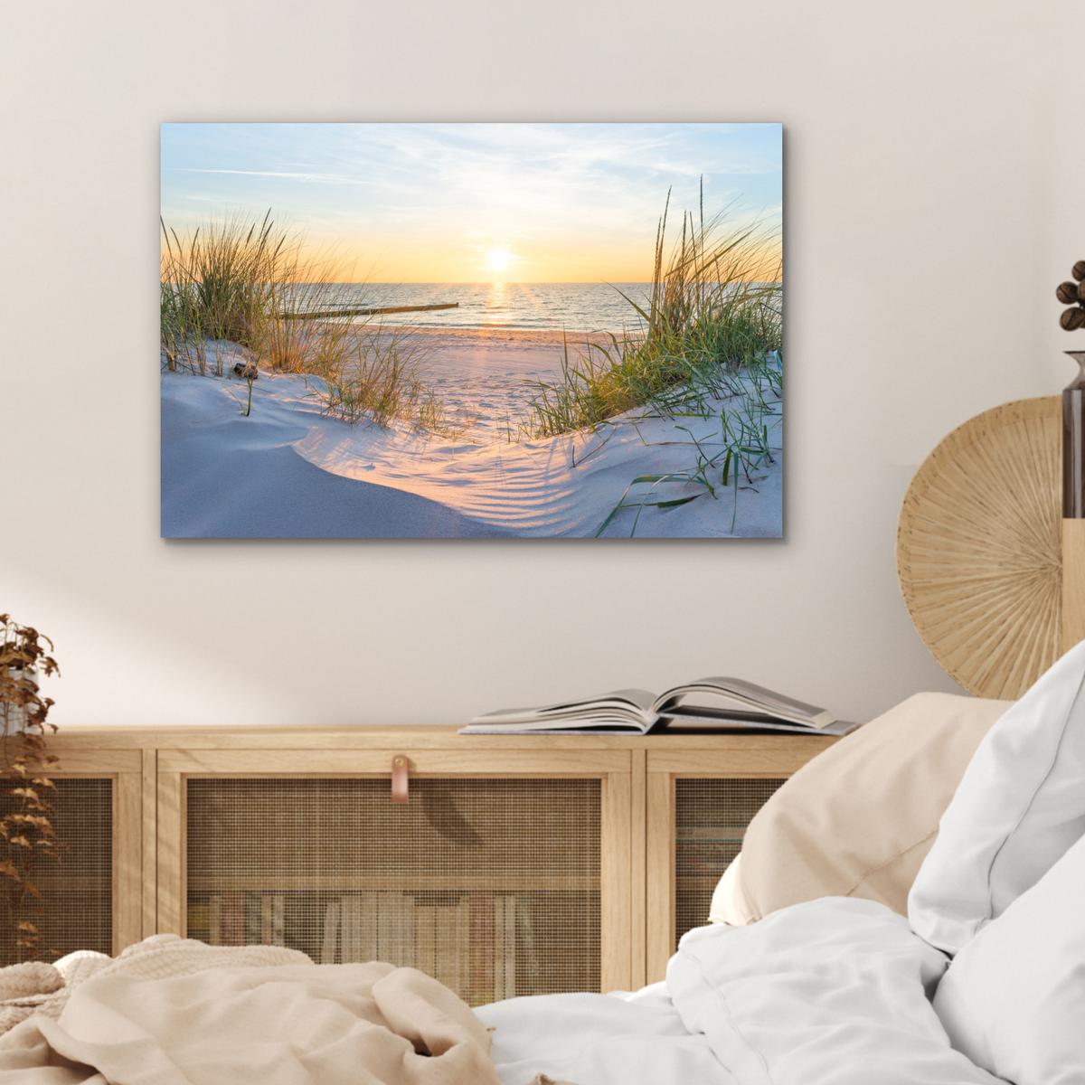 METALLBILD Strand - Sonne - Düne - Gras - Sand - Horizont Wandbild 60x40 cm - Hellblau, Metall (60/40cm) - MuchoWow