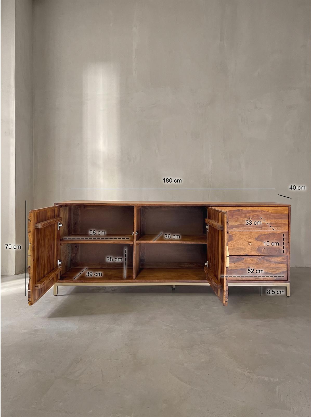 KOMMODE TREVI, Dunkles Massivholz, mit Stauraum, 180 x 40 x 70 cm - Goldfarben/Braun, Holz/Metall (180/70/40cm) - KADIMA DESIGN