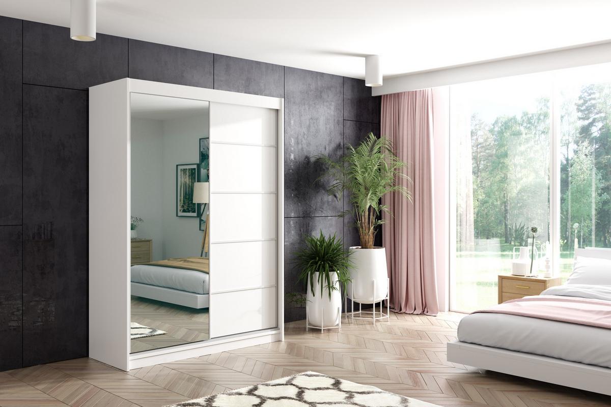 KLEIDERSCHRANK mit Spiegel-Schiebetüren und Aluminium-Leisten - MAKI - 160 cm Weiß - Weiß, Holzwerkstoff (160/216/61cm) - ALTDECOR