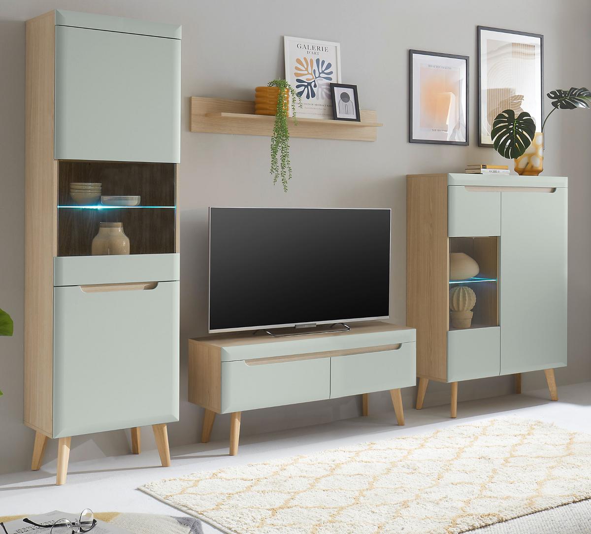 WOHNWAND 4-teilig Pistazie grün, Eiche, skandinavisch 290 cm, Wohnkombination mit Soft-Close - Eichefarben/Pastellgrün, Glas/Eichenholz (290/197/40cm) - Furn.Design