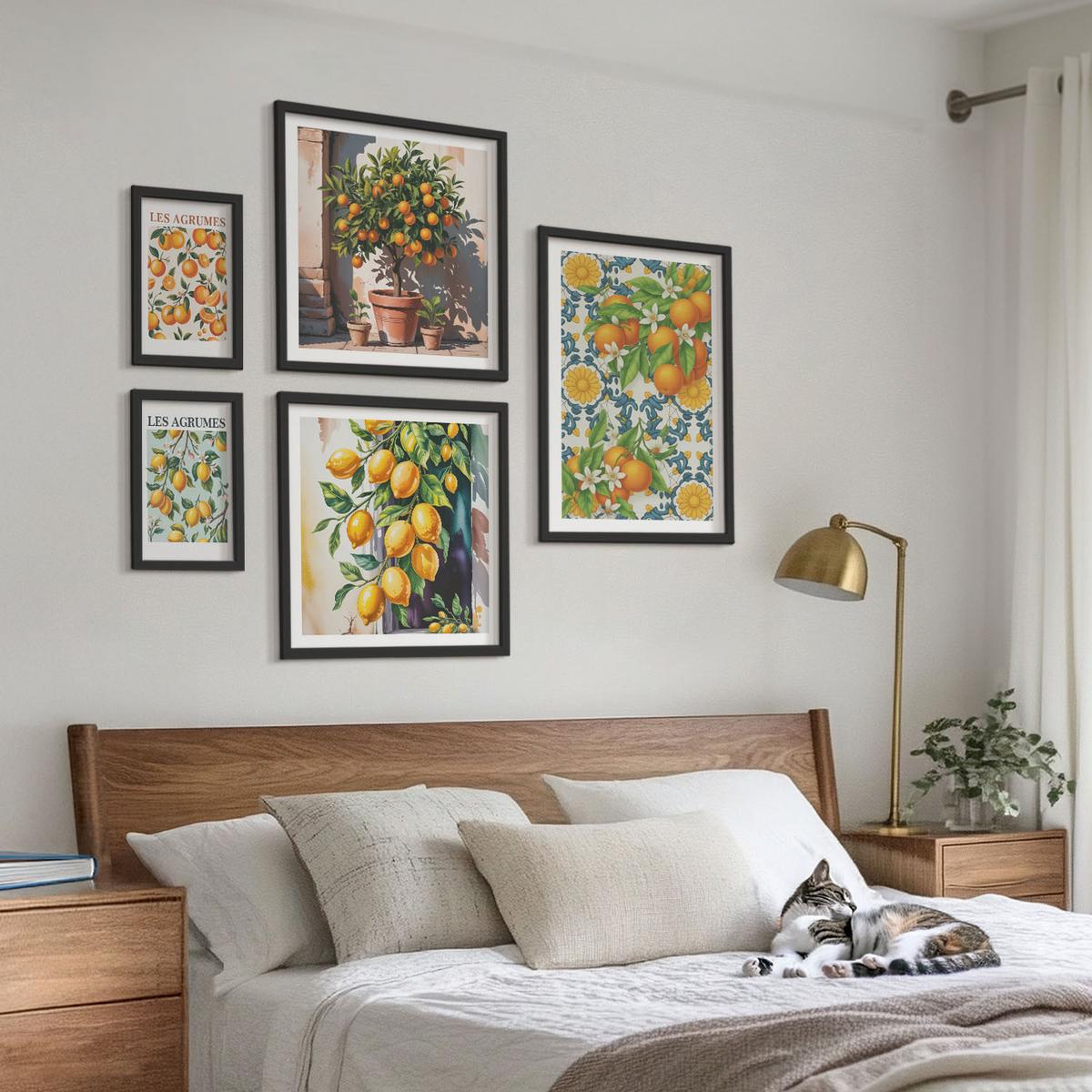 BILDER SET 5er Set - 50x50 cm & 20x30 cm & 40x60 cm Schwarzer Rahmen - Retro gelbe Zitrusfrüchte - Schwarz, Kunststoff (40/60cm) - TULUP