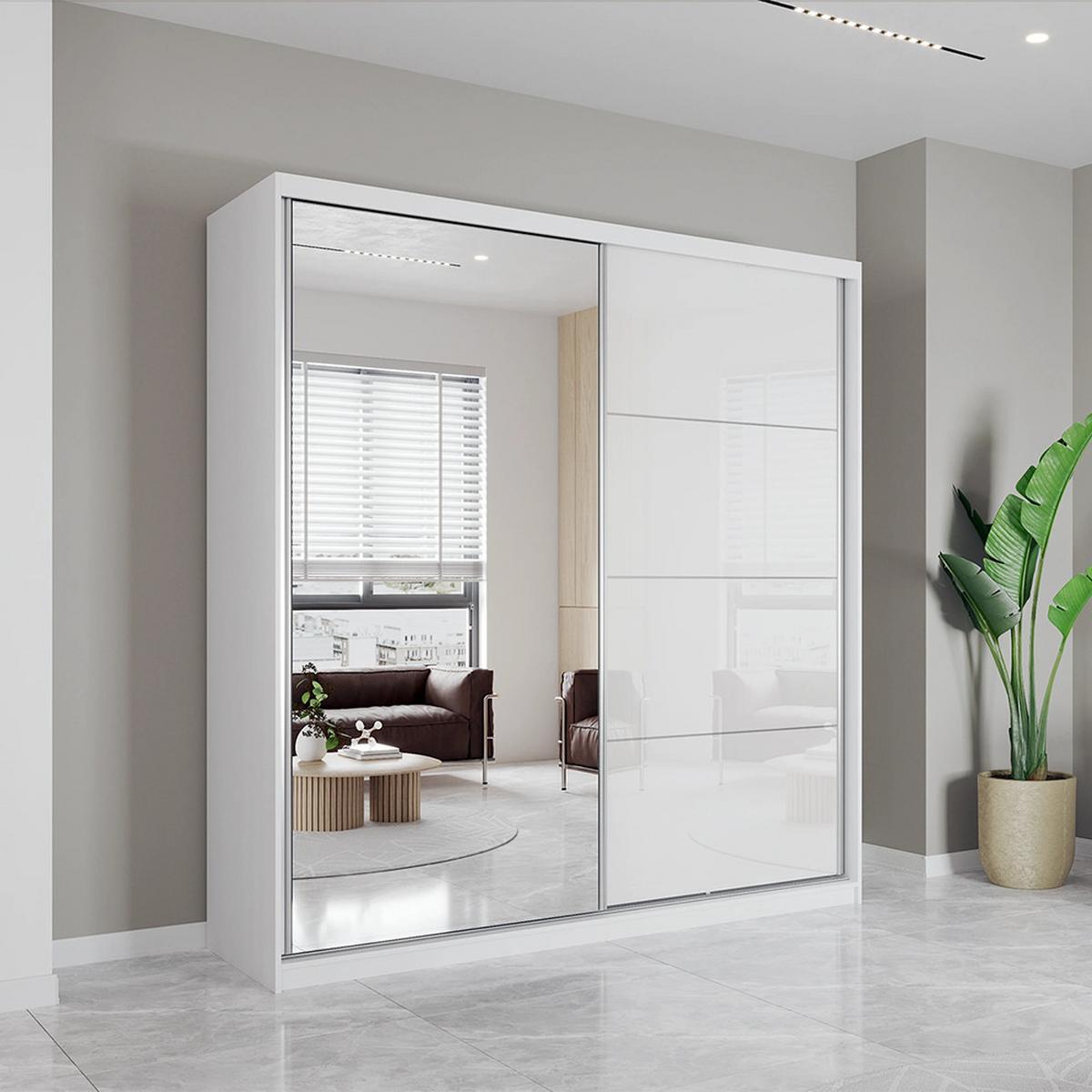 SCHWEBETÜRENSCHRANK 203/218/61cm 2-türig Pola 35 Weiß,Weiß Semigloss - Alufarben/Weiß, Glas/Holzwerkstoff (203/218/61cm) - imoebel24