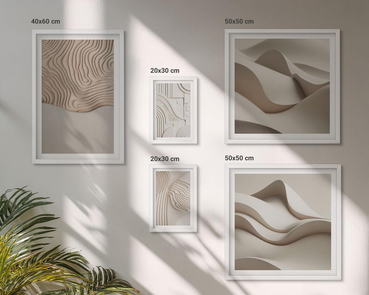 BILDER SET 5er Set - 50x50 cm & 20x30 cm & 40x60 cm Weißer Rahmen - Abstrakte Wellen auf dem Sand - Weiß, Kunststoff (40/60cm) - TULUP