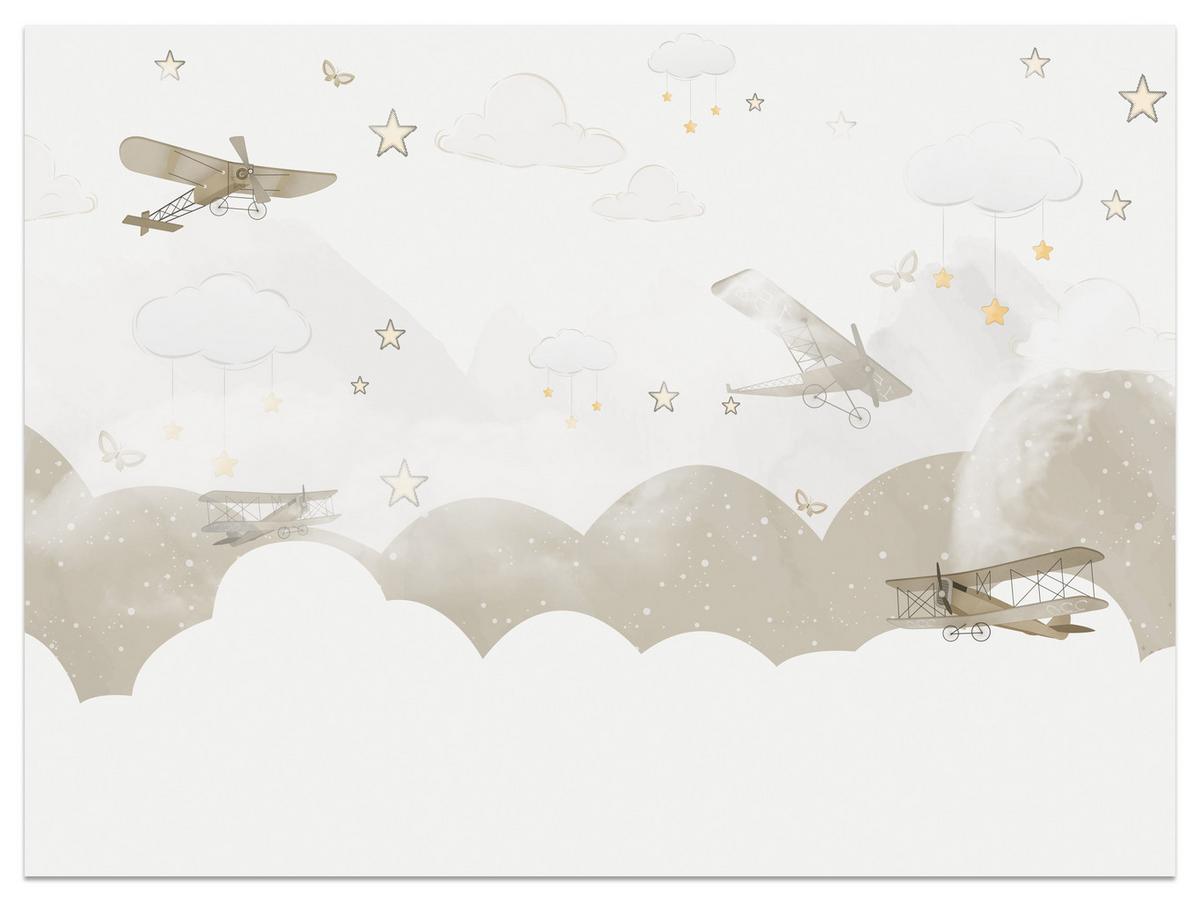 FOTOTAPETE für Kinderzimmer Flugzeuge Wolken Sterne Himmel 150x105 - Gelb/Beige, Papier (150/105cm) - Muralo