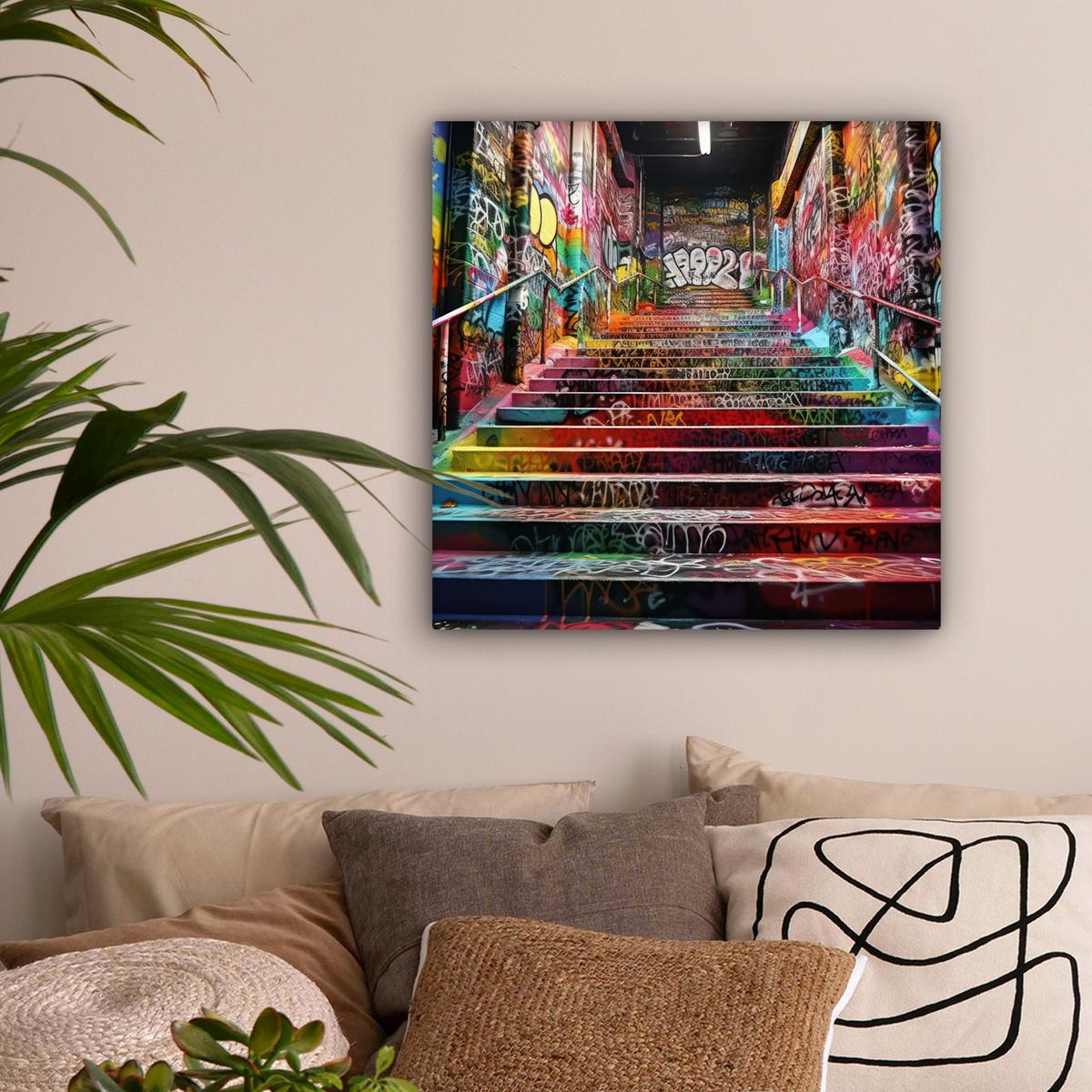 LEINWANDBILD Treppe - Graffiti - Farben - Kunst Wandbild Wohnzimmer 50x50 cm - Multicolor, Textil (50/50cm) - MuchoWow