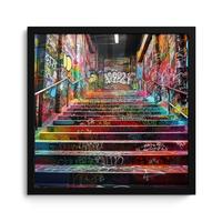 POSTER MIT RAHMENGERAHMTES BILD Treppe - Graffiti - Farben - Kunst 40x40 cm - Multicolor, Papier (40/40cm) - MuchoWow