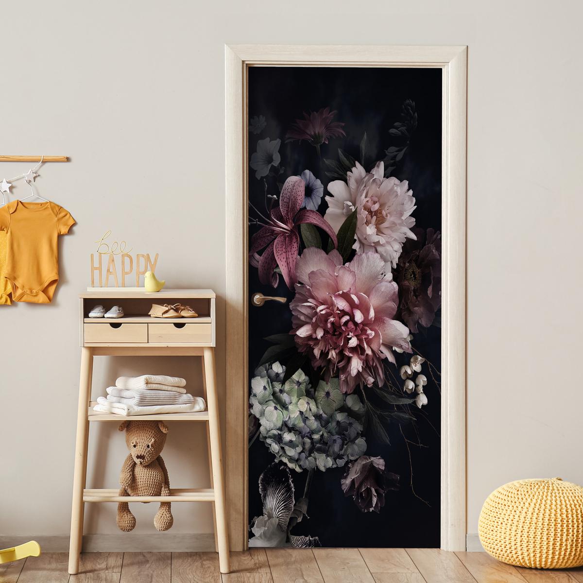 TÜRAUFKLEBER Selbstklebend - Blumen - Vintage - Pastell - Rosa - Weiß 85x205 cm - Türtapete - Altrosa, Kunststoff (85/205cm) - MuchoWow