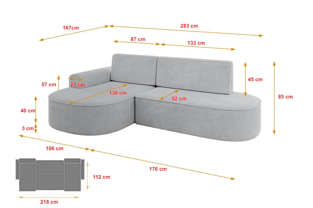ECKSOFA mit Schlaffunktion und Bettkasten Ottomane Rechts MARI-L1-S - 283x167x85 cm Beige Cord - Cognac/Schwarz, Holzwerkstoff/Kunststoff (167/283cm) - ALTDECOR