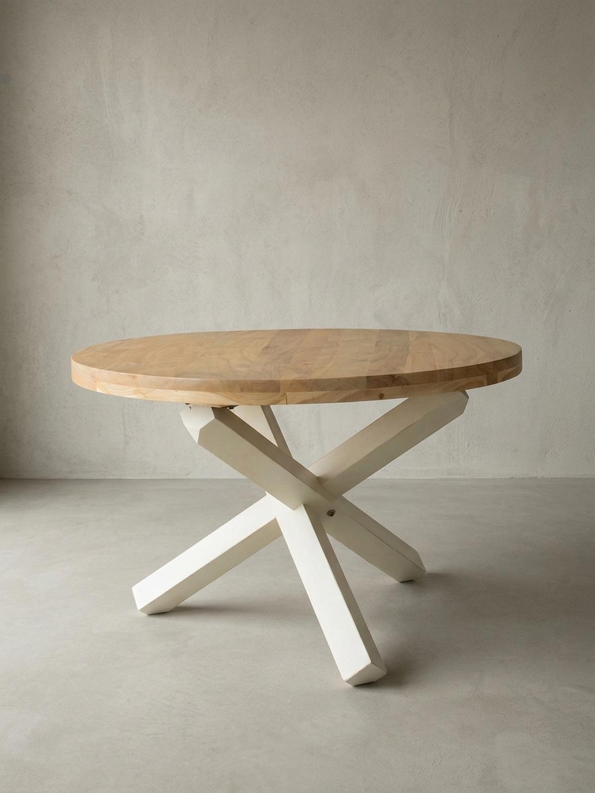 ESSTISCH Massivholz Rund Kreuzbeine Handgefertigt TEKO, Beige 120x120x75 cm - Beige/Weiß, Holz (120/120/75cm) - KADIMA DESIGN