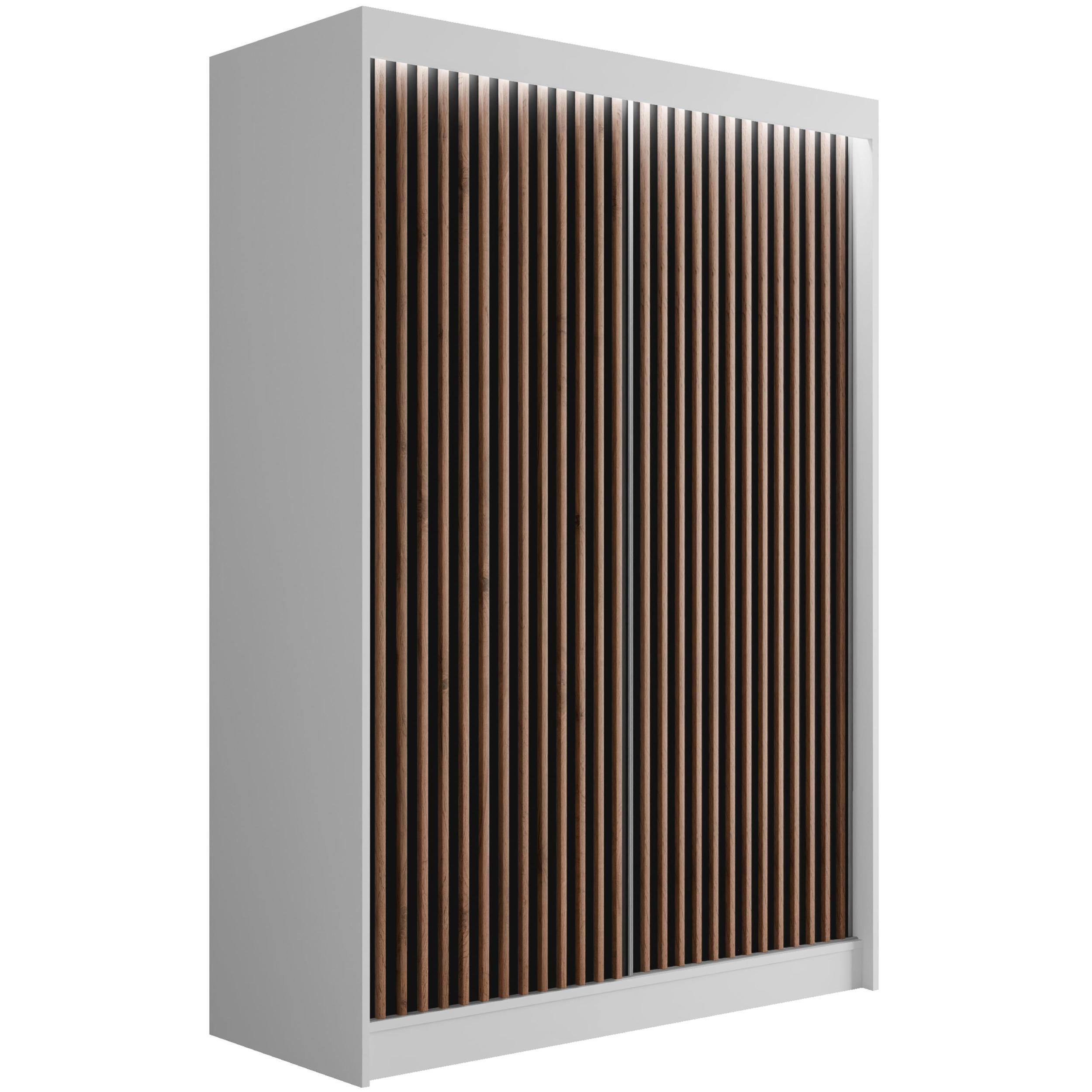 KLEIDERSCHRANK mit LED, Lamel-Schiebetüren VILANv2 - 120 cm Weiß + Lamelle Eiche Wotan - Eiche Wotan/Weiß, Holzwerkstoff (120/215/61cm) - ALTDECOR