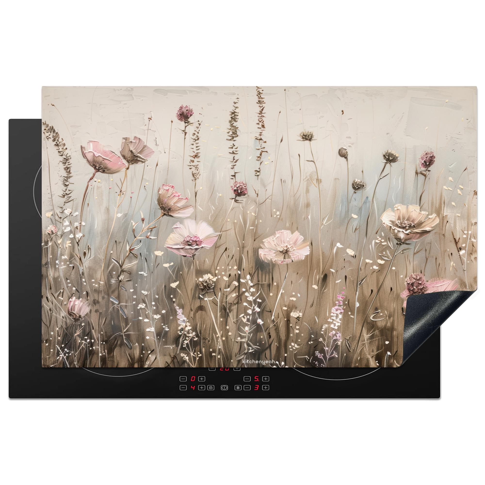 HERDABDECKPLATTE Blumen - Beige - Trockenblumen Induktionsmatte 81x52 cm - Beige, Kunststoff (81/52/0.2cm) - MuchoWow