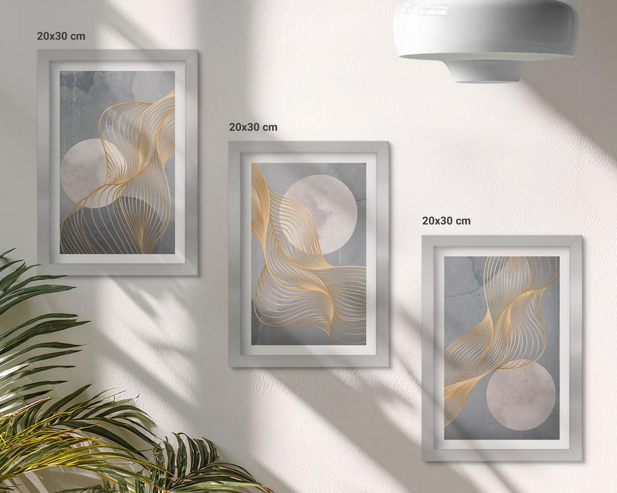 BILDER SET 3er Set - 20x30 cm Silberner Rahmen - Abstrakte Muster Wellen Kreise - Silberfarben, Kunststoff (20/30cm) - TULUP