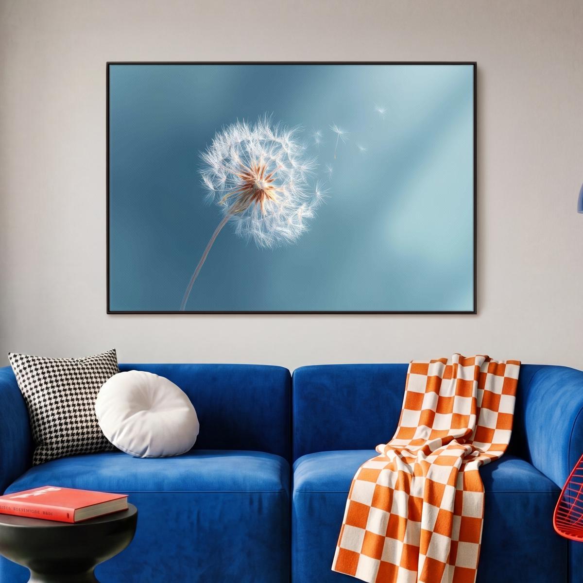 LEINWAND Bilder mit Rahmen - Löwenzahn - Wind - Blau - 90x60 - Blaugrau, Textil (90/60cm) - MuchoWow