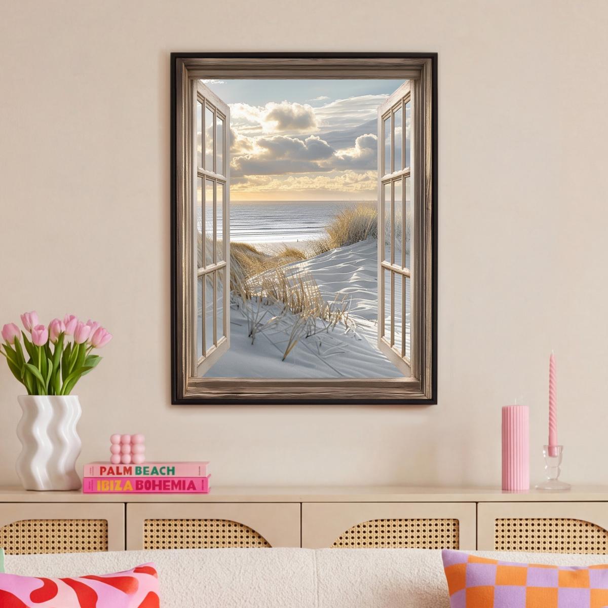 LEINWAND Bilder mit Rahmen - Ausblick - Strand - Dünen - Meer - Natur - 70x100 - Sandfarben, Textil (70/100cm) - MuchoWow