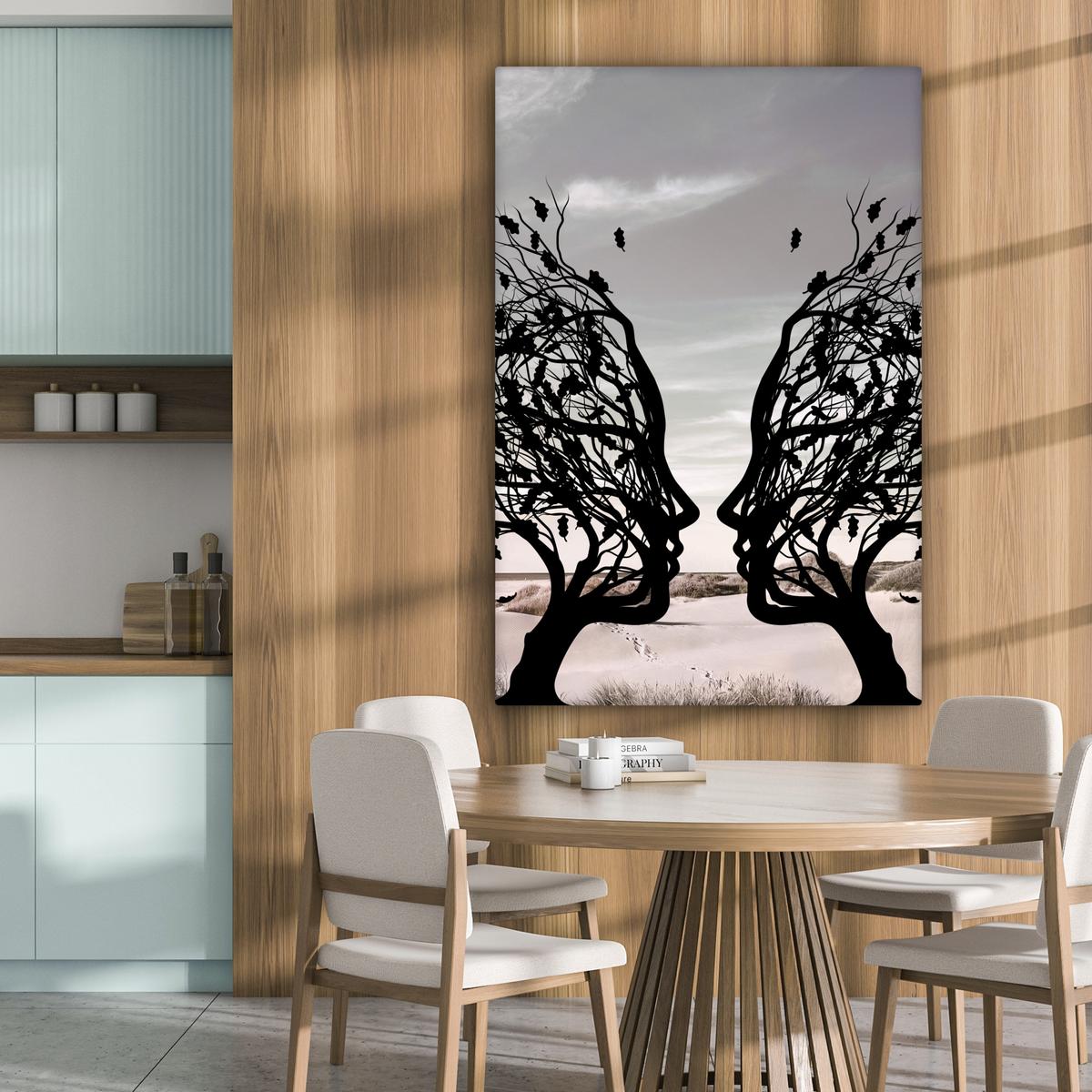 LEINWANDBILD Strand - Meer - Menschen - Baum - Moderne Kunst Deko XXL 80x120 cm - Hellgrau, Textil (80/120cm) - MuchoWow