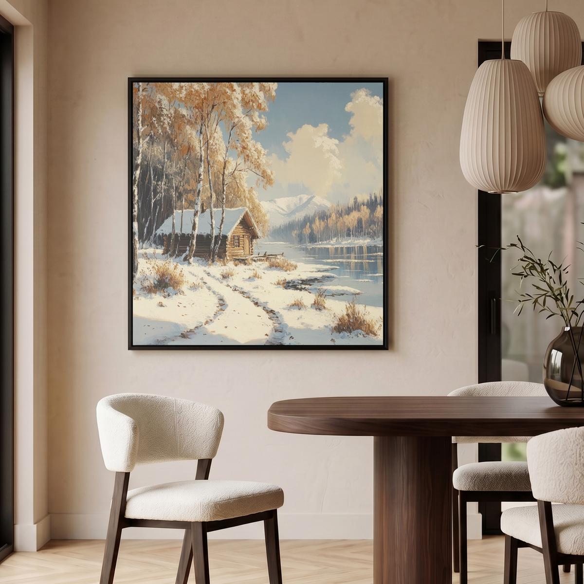 LEINWAND Bilder mit Rahmen - Winter - Schnee - Zuhause - Natur - 90x90 - Hellbraun, Textil (90/90cm) - MuchoWow
