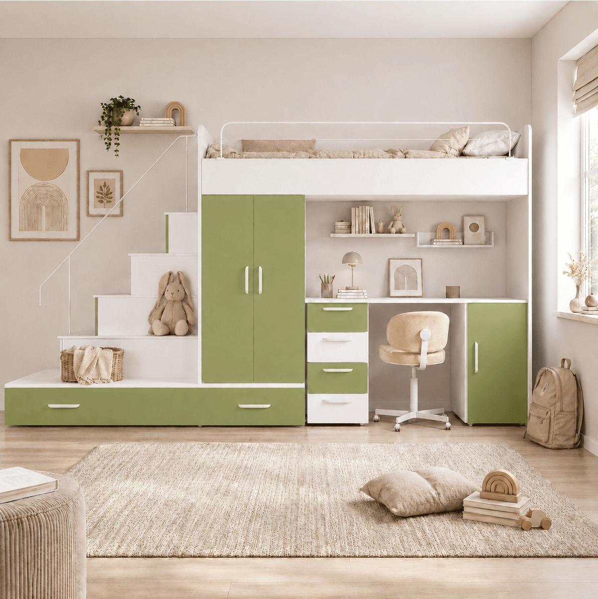 WEISSES Kinderset RAJ 5 MAT - Weiß/Olivgrün, Holzwerkstoff (320/180/86cm) - Lookway