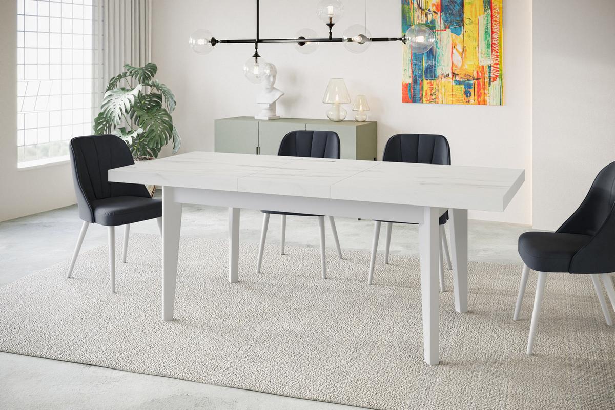 RECHTECKIGER Esszimmertisch SKANDI, ausziehbarer Tisch, Größe: 120-160X80X78 cm, Wohnzimmertisch Farbe: MARMUR, mit Holzbeinen in Farbe Weiß - Hellgrau/Weiß, Holzwerkstoff (120/80/78cm) - Alpi-Möbel