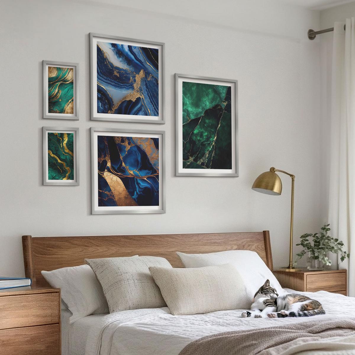 BILDER SET 5er Set - 50x50 cm & 20x30 cm & 40x60 cm Silberner Rahmen - Blumen, heller Hintergrund, Marmormuster - Silberfarben, Kunststoff (40/60cm) - TULUP