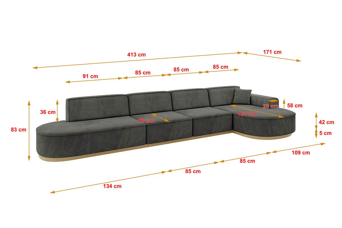 ECKSOFA Ottomane Rechts MARI-L3-v2 - 413x171x83 cm Dunkelgrau Velours - Dunkelgrau, Holzwerkstoff/Textil (171/413cm) - ALTDECOR