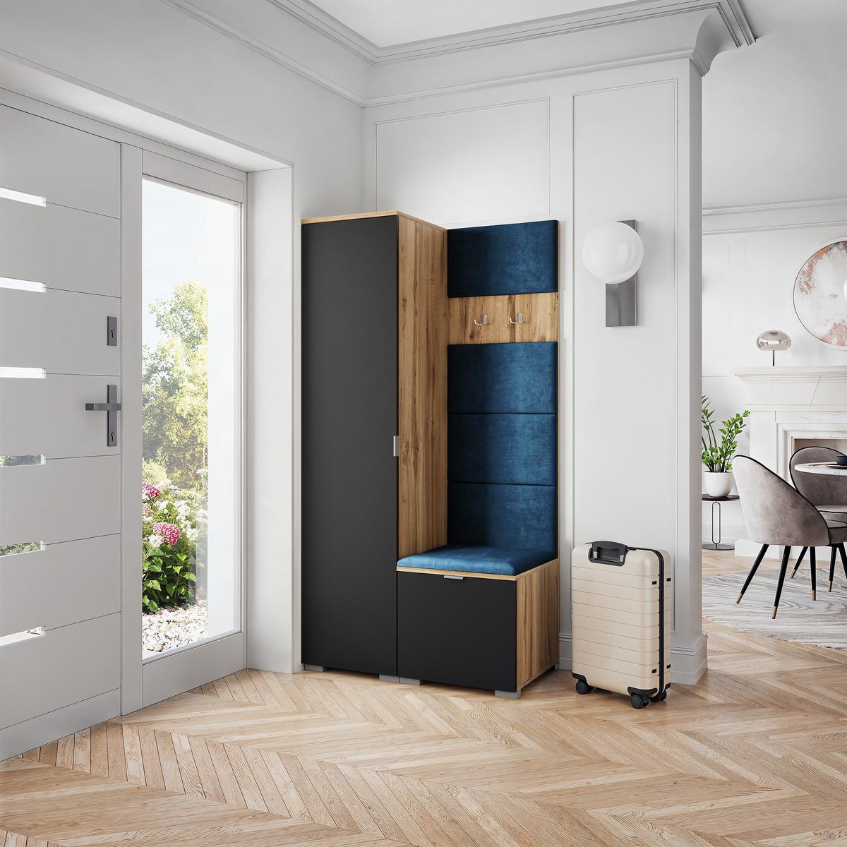 GARDEROBENSCHRANK LORI 95/181/51 cm Modern Garderobe-Set Eiche Wotan - Blau/Eiche Wotan, Holzwerkstoff (95/181/51cm) - MASSENO