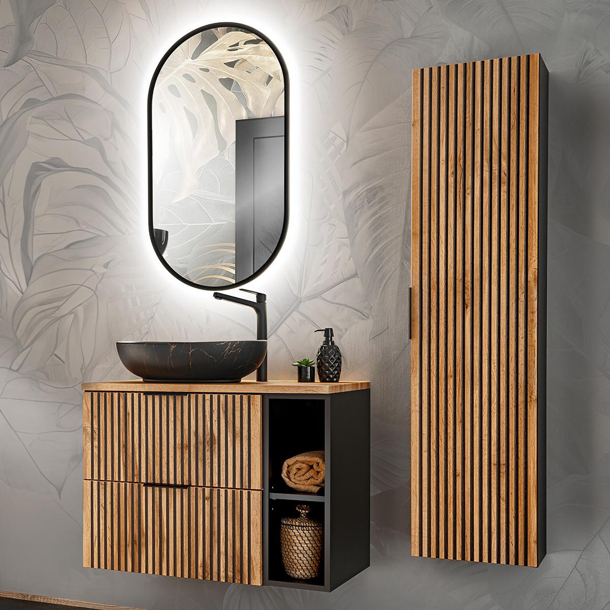 BADMÖBEL 80.6cm Gaia 2er-Set Holz in Eichenoptik und Schwarz - Schwarz, Holzwerkstoff (80.6/59/46cm) - Petits-meubles