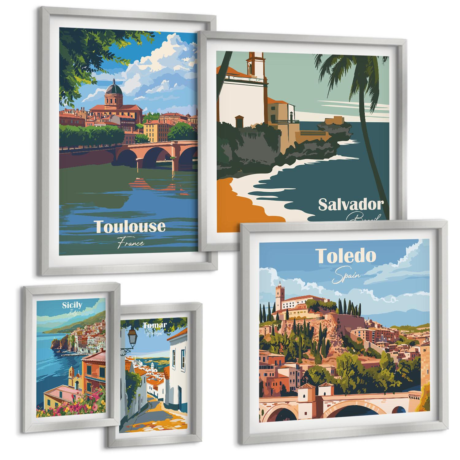 BILDER SET 5er Set - 50x50 cm & 20x30 cm & 40x60 cm Silberner Rahmen - Illustrationen zur Retro-Architektur der Berge - Silberfarben, Kunststoff (40/60cm) - TULUP