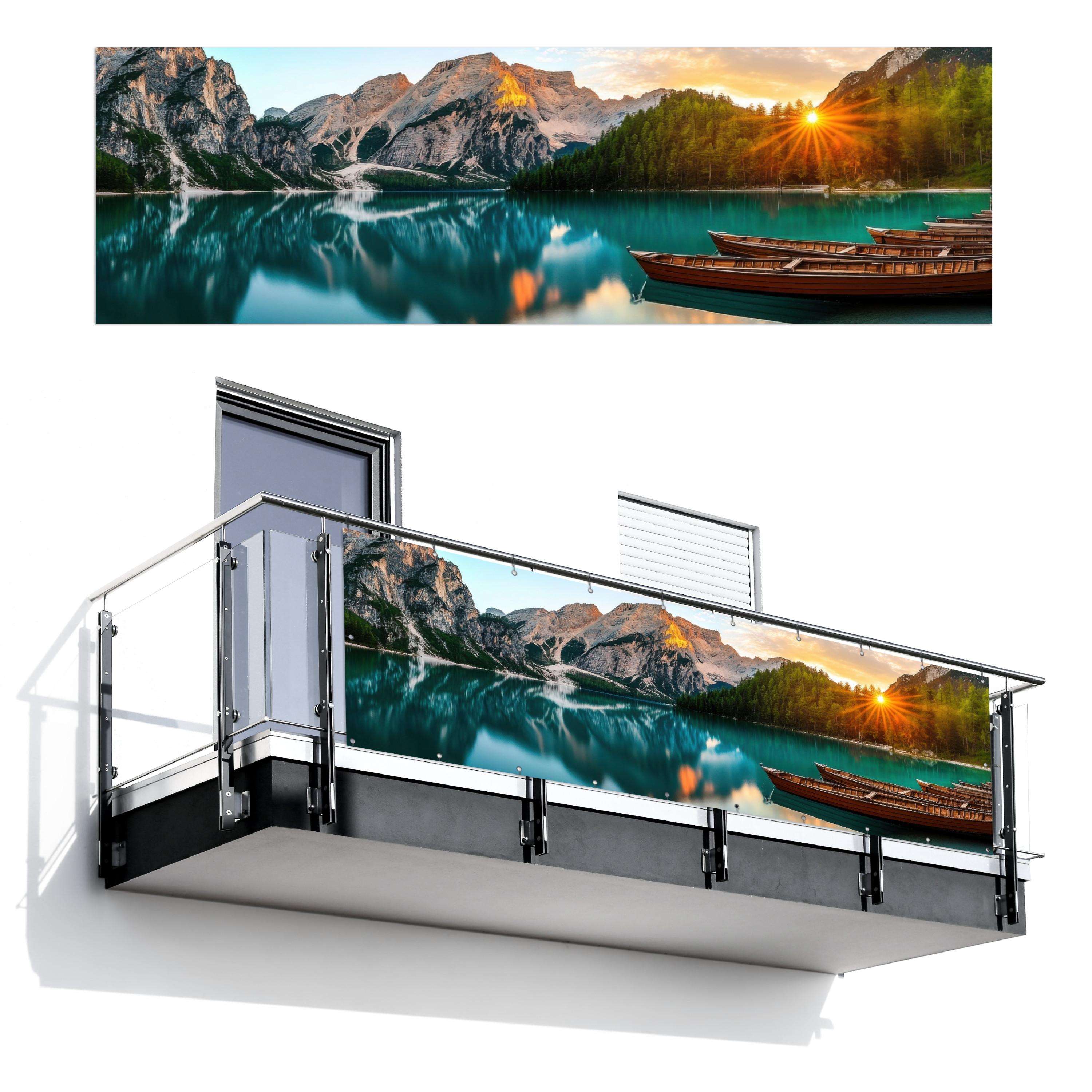 BALKON-SICHTSCHUTZ See - Berge - Sonnenuntergang - Boot Windschutz 300x90 cm - Petrol, Kunststoff (300/90cm) - MuchoWow