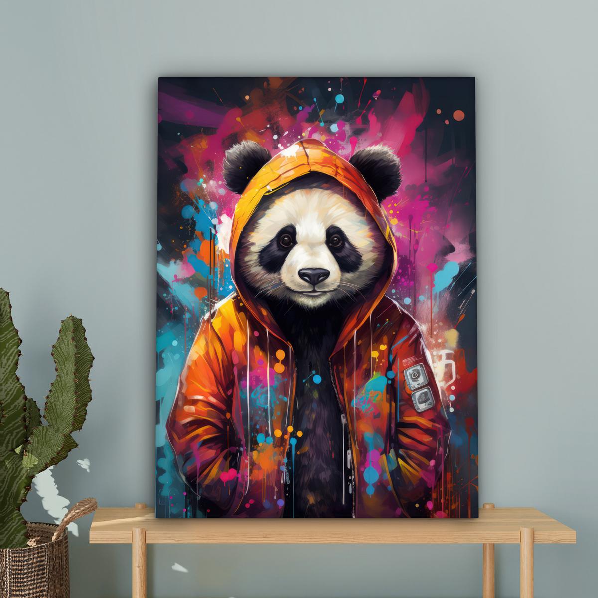 LEINWANDBILD Panda - Jacke - Graffiti - Orange Wandbild Wohnzimmer 60x80 cm - Orange, Textil (60/80cm) - MuchoWow