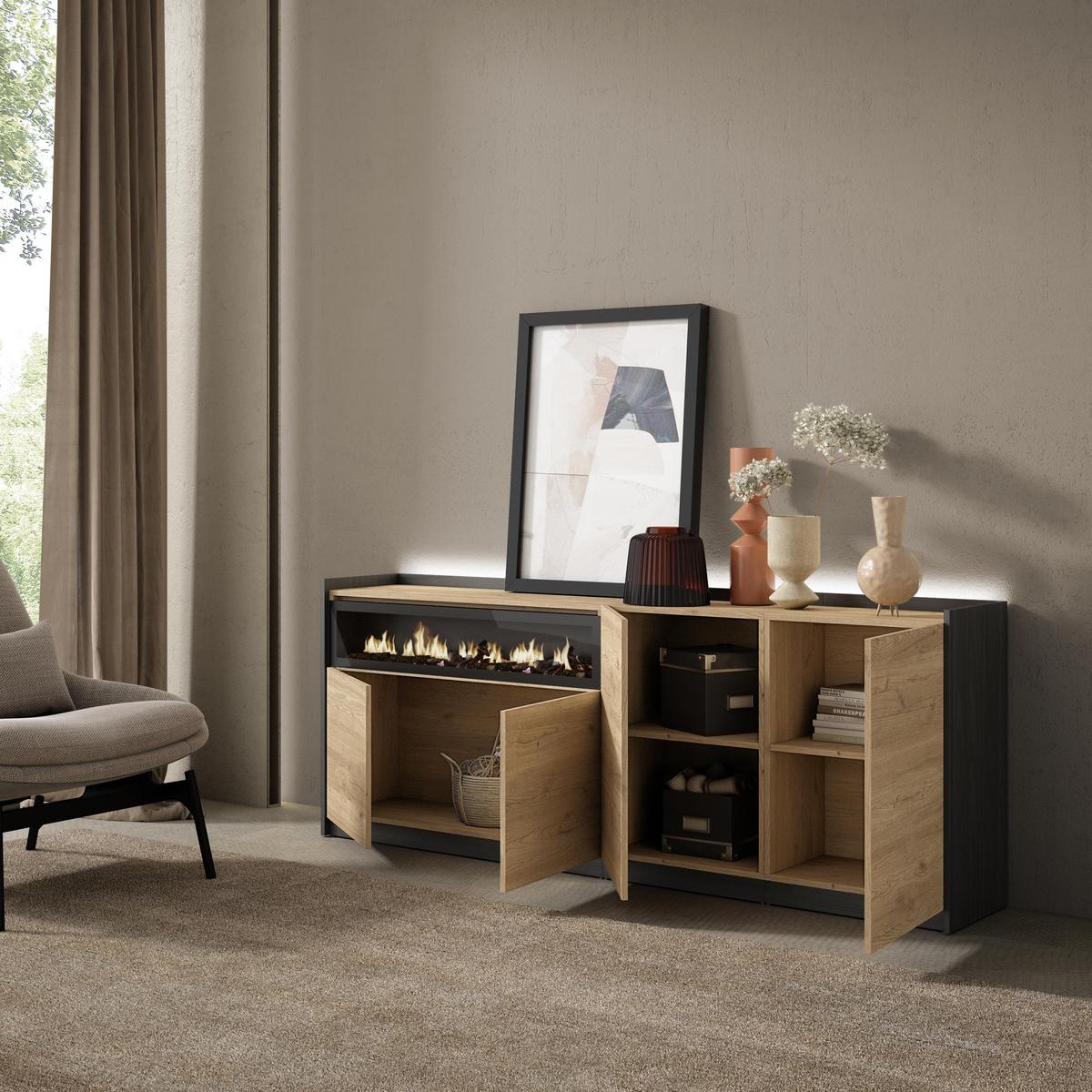SIDEBOARD, Eiche und Schwarz, 207/37/80cm, Kamin mit Feuereffekt - Eichefarben, Holzwerkstoff (207/80/37cm) - Skraut Home