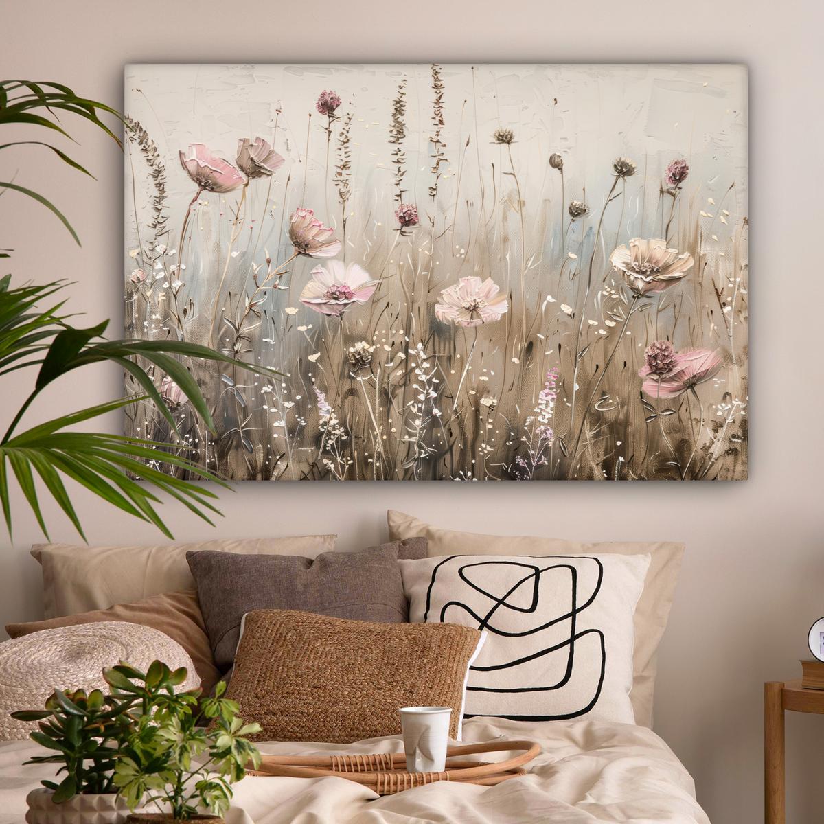 LEINWANDBILD Blumen - Rosa - Modern - Beige Wohnzimmer Groß 120x80 cm - Beige, Textil (120/80cm) - MuchoWow
